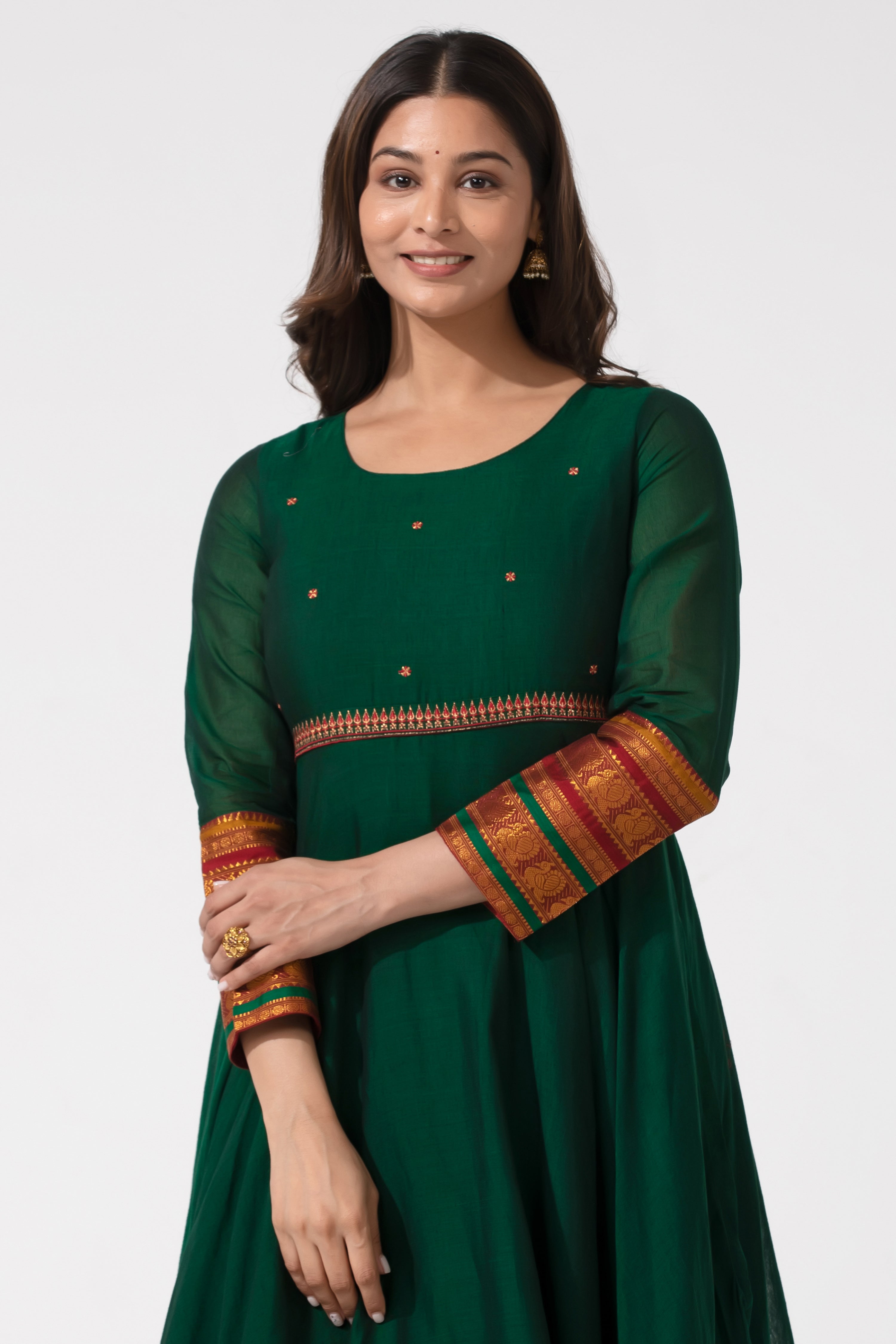 Bottle Green A-Line Ethnic Dress with Mangalgiri Detailing Maybell Womens Fashion Bottle Green A-Line Ethnic Dress with Mangalgiri Detailing Maybell Womens Fashion