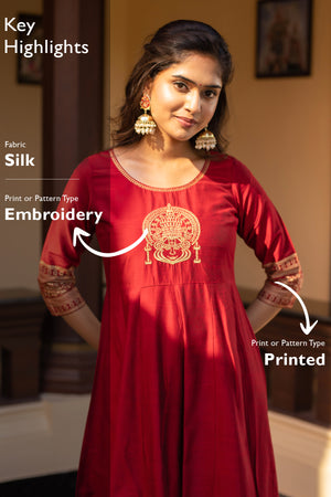 Kathakali Motif Placement Embroidered Printed Anarkali Maroon
