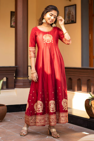 Kathakali Motif Placement Embroidered Printed Anarkali Maroon
