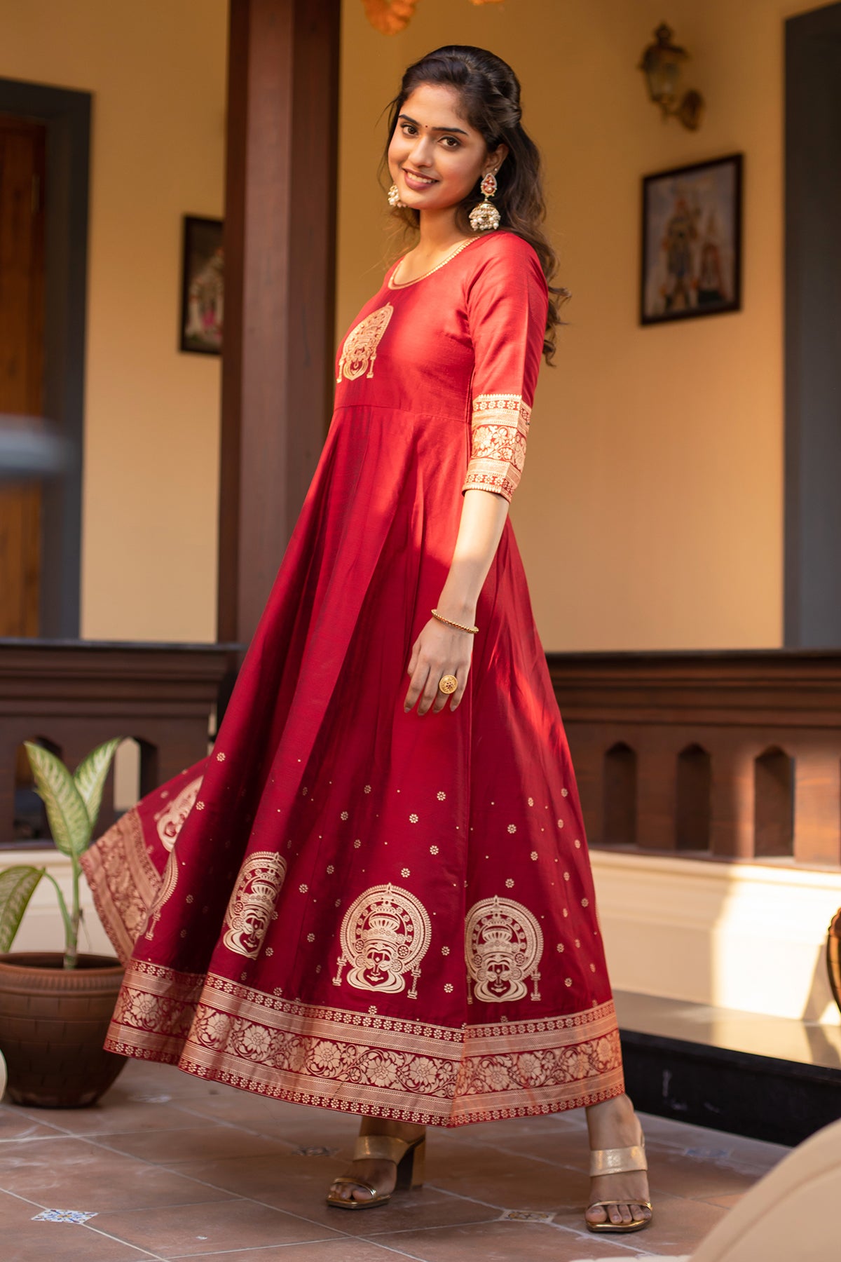 Kathakali Motif Placement Embroidered Printed Anarkali Maroon
