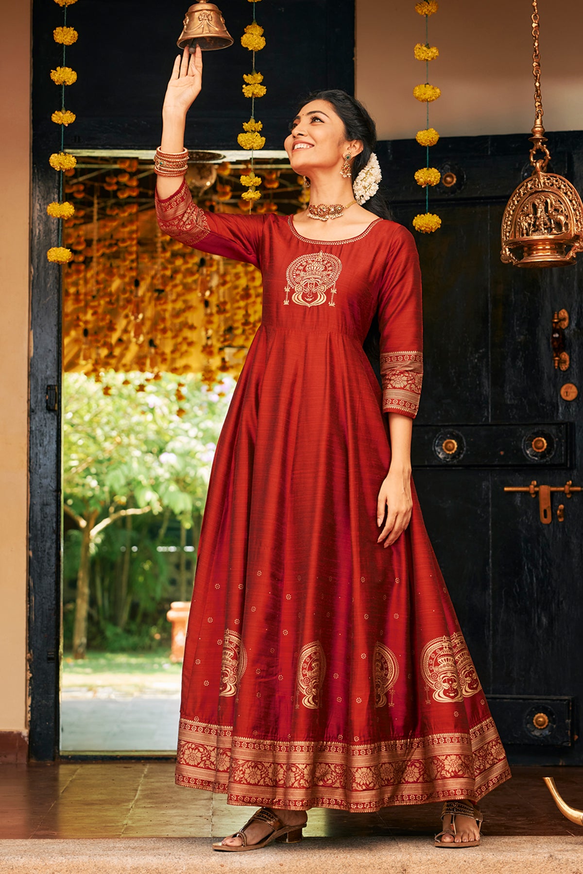 Kathakali Motif Placement Embroidered Printed Anarkali Maroon