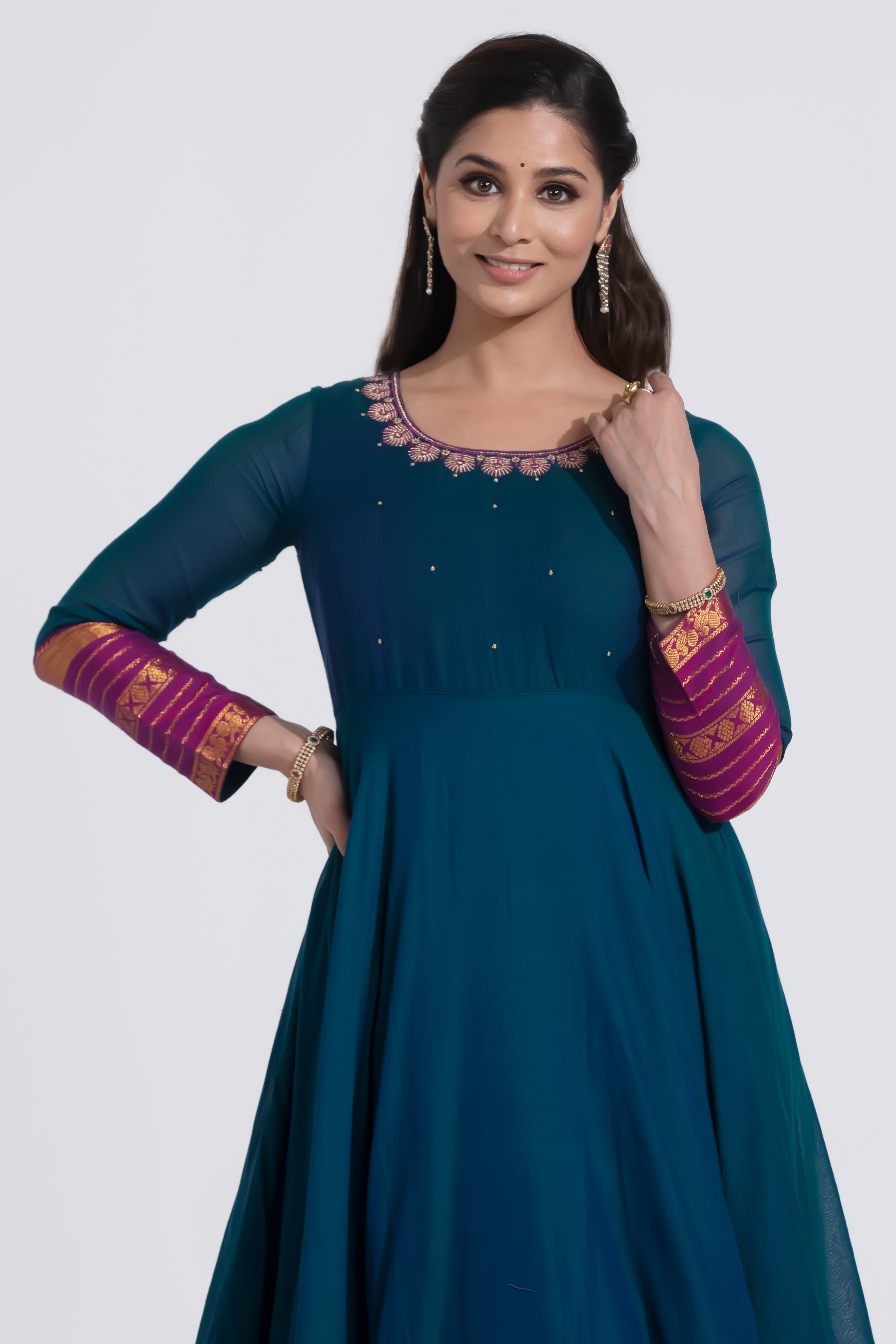 mangalagiri cotton anarkali dress Ink Blue and Turquoise Mangalagiri Cotton Anarkali 3XL