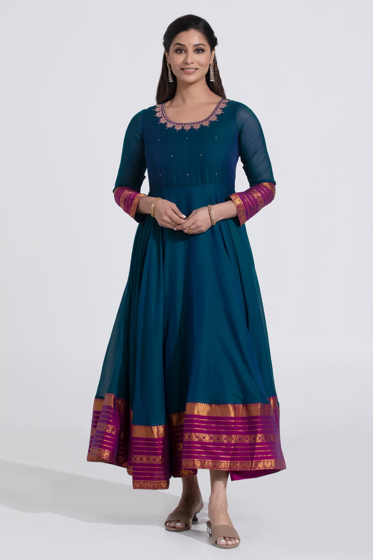 mangalagiri cotton anarkali dress Ink Blue and Turquoise Mangalagiri Cotton Anarkali 3XL