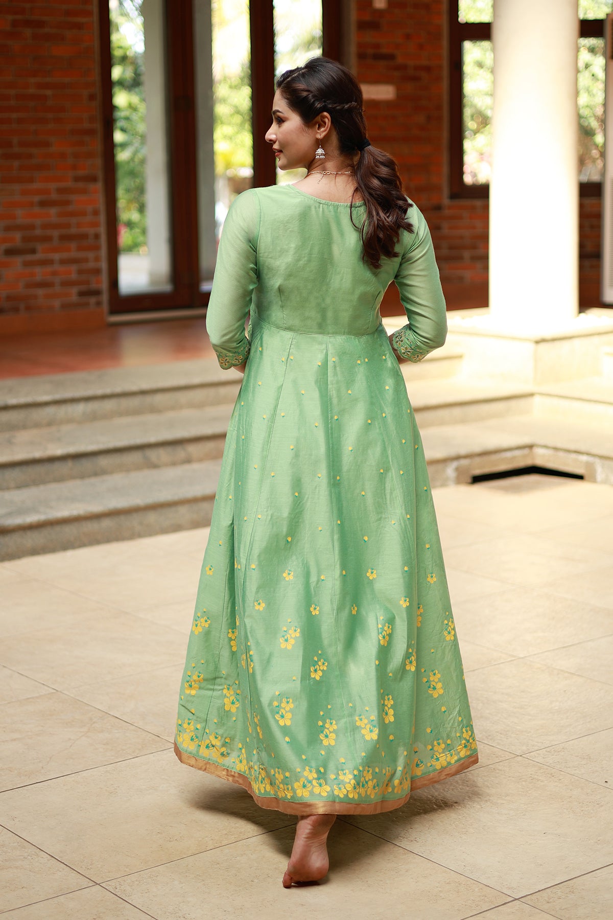 Kanikkonna Flower Embroidered Printed Anarkali Green
