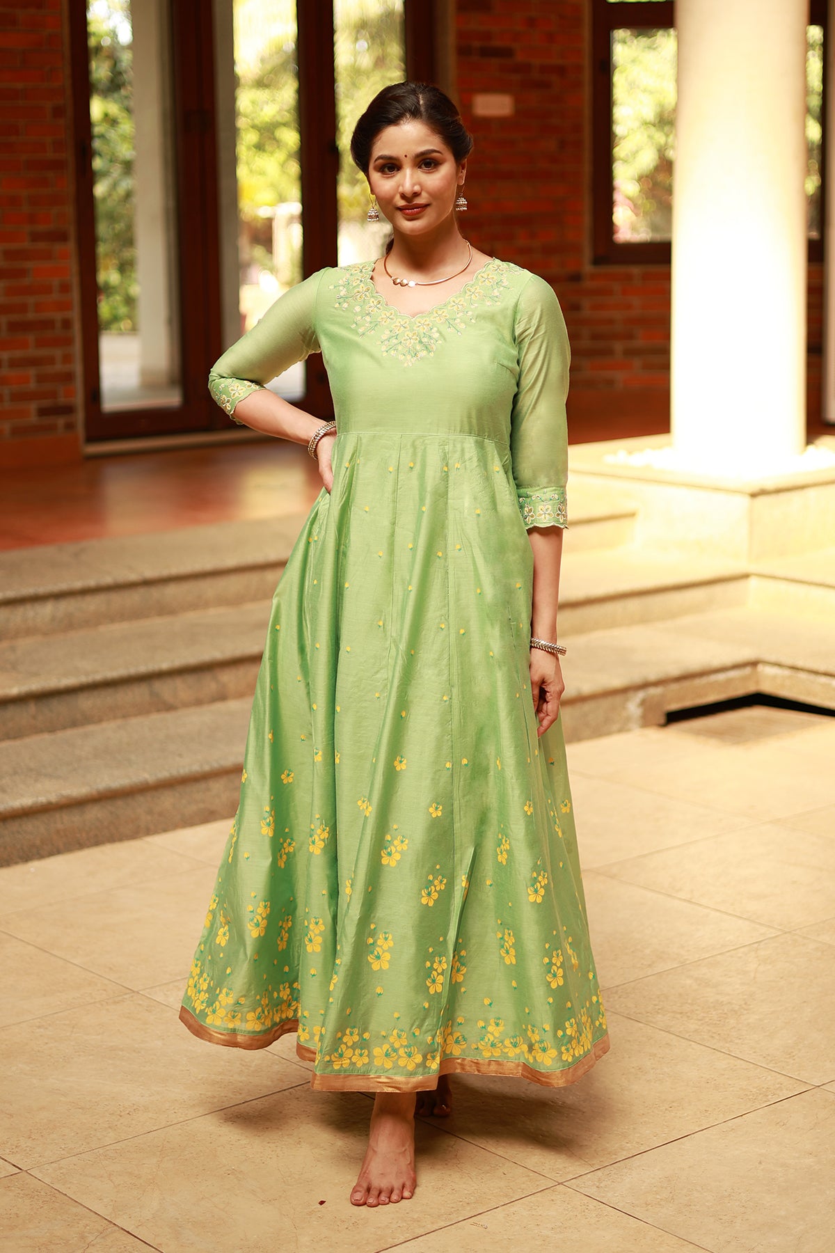 Kanikkonna Flower Embroidered Printed Anarkali Green