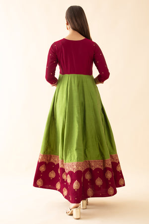 Ethnic Motif Printed Dual Tone Anarkali - Green & Magenta