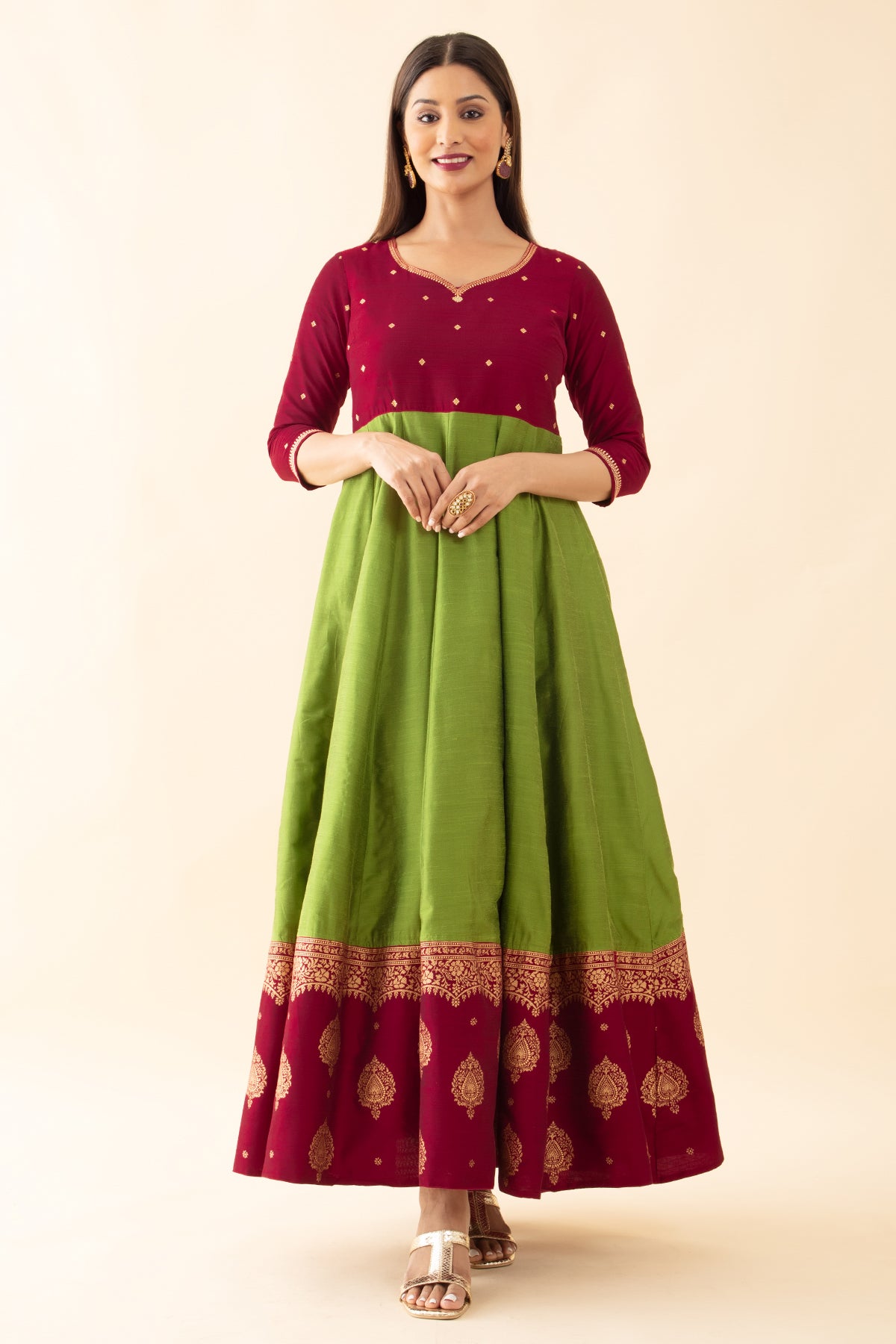 Ethnic Motif Printed Dual Tone Anarkali - Green & Magenta