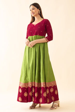 Ethnic Motif Printed Dual Tone Anarkali - Green & Magenta