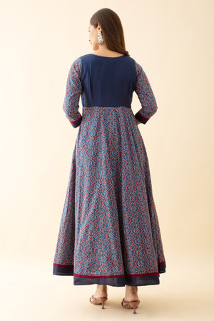 Ajrakh Printed & Embroidered Anarkali - Blue