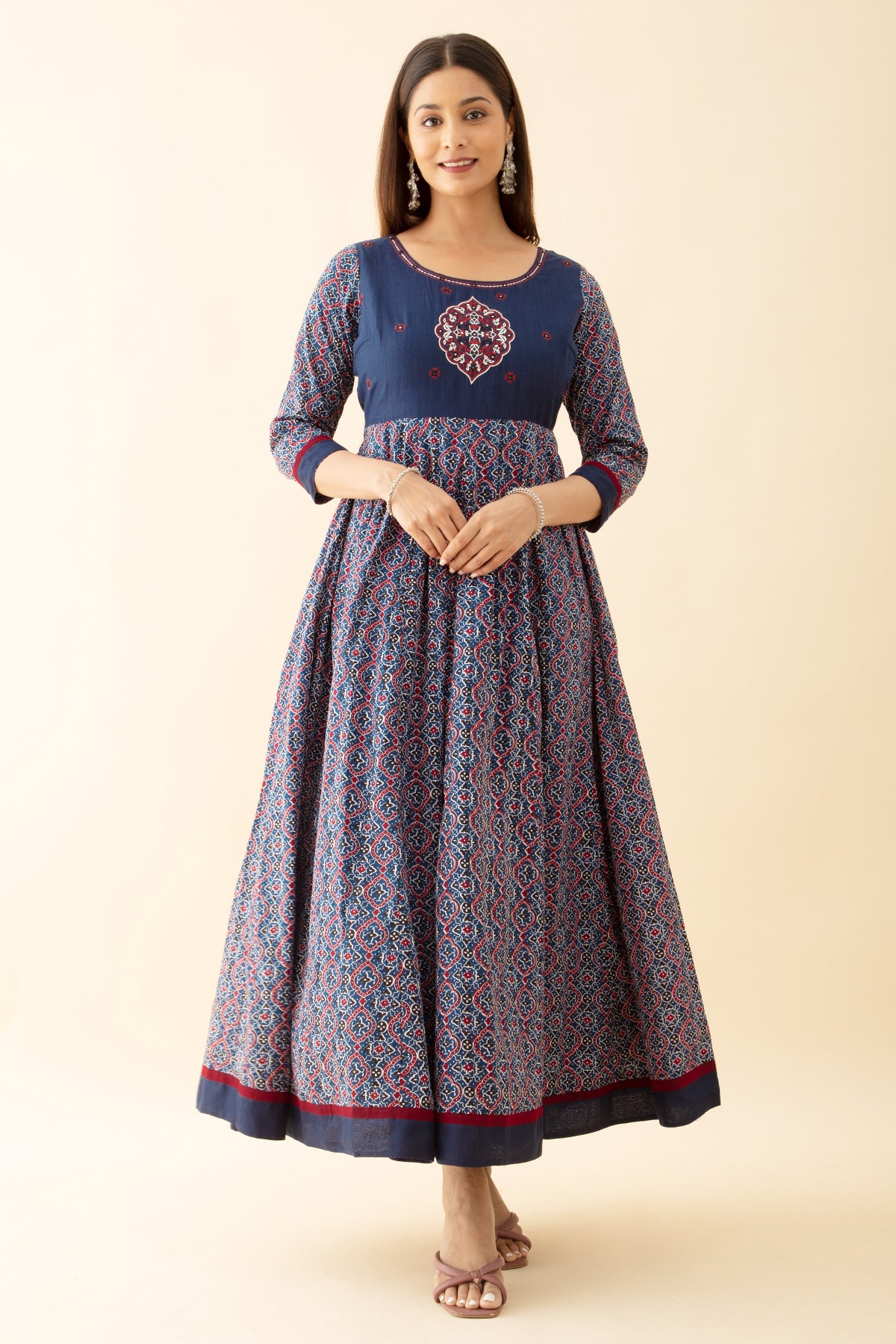 Ajrakh Printed & Embroidered Anarkali - Blue