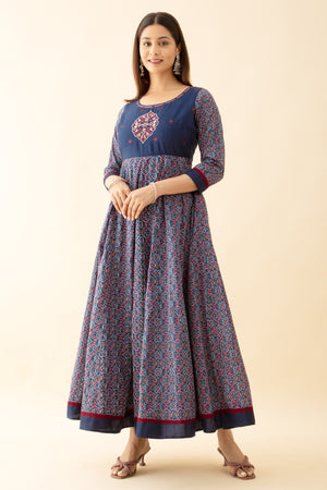 Ajrakh Printed & Embroidered Anarkali - Blue