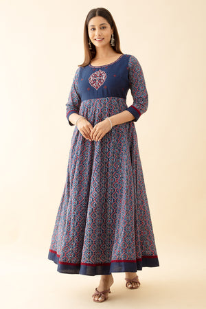 Ajrakh Printed & Embroidered Anarkali - Blue