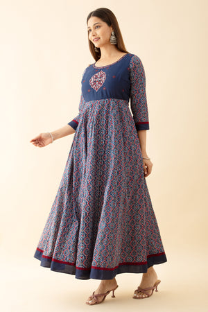 Ajrakh Printed & Embroidered Anarkali - Blue