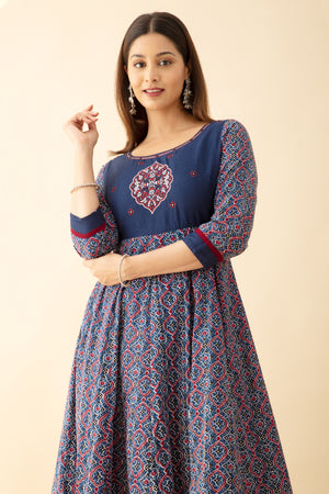 Ajrakh Printed & Embroidered Anarkali - Blue