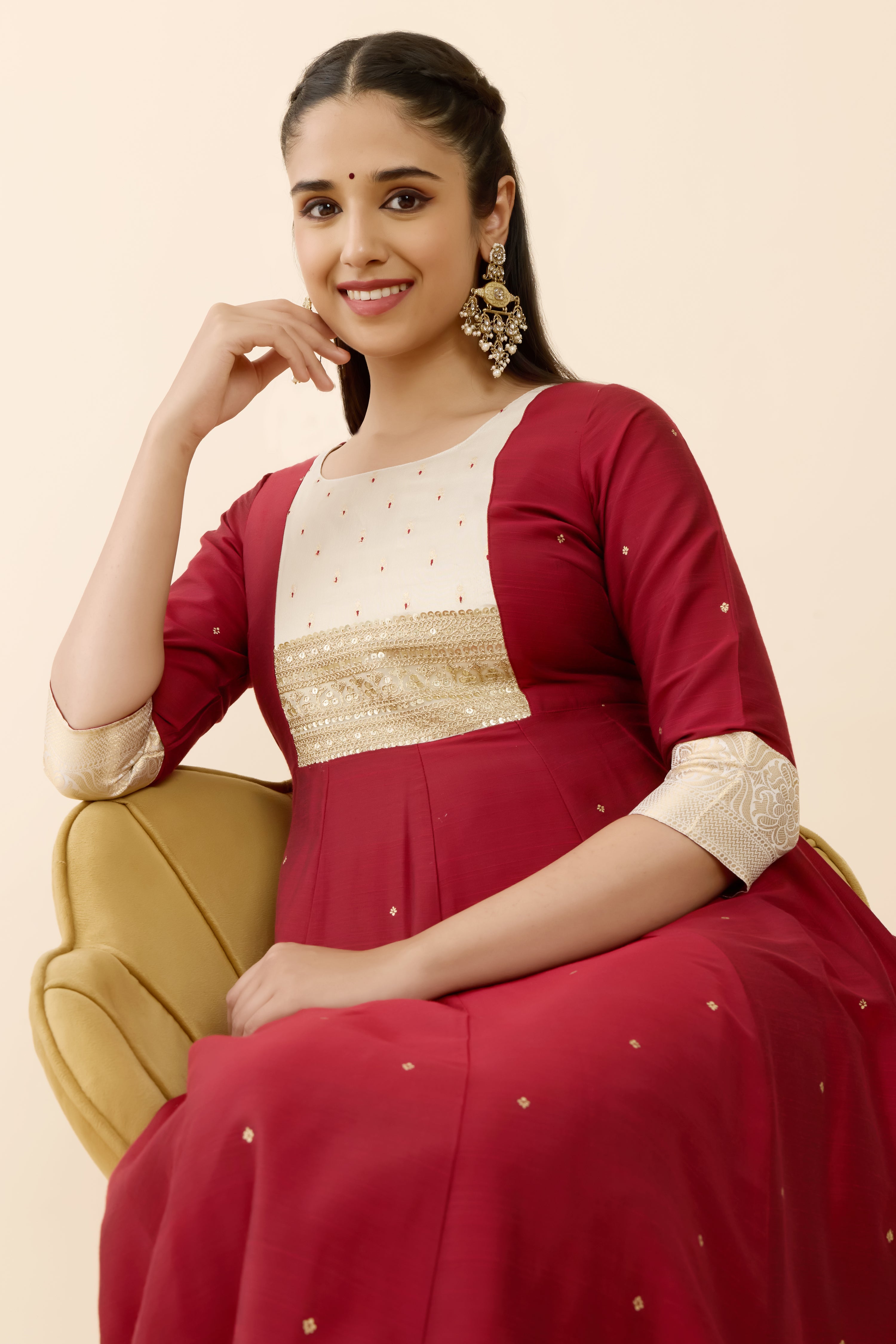 MAROON CHANDHERI ANARKALI WITH YOKE