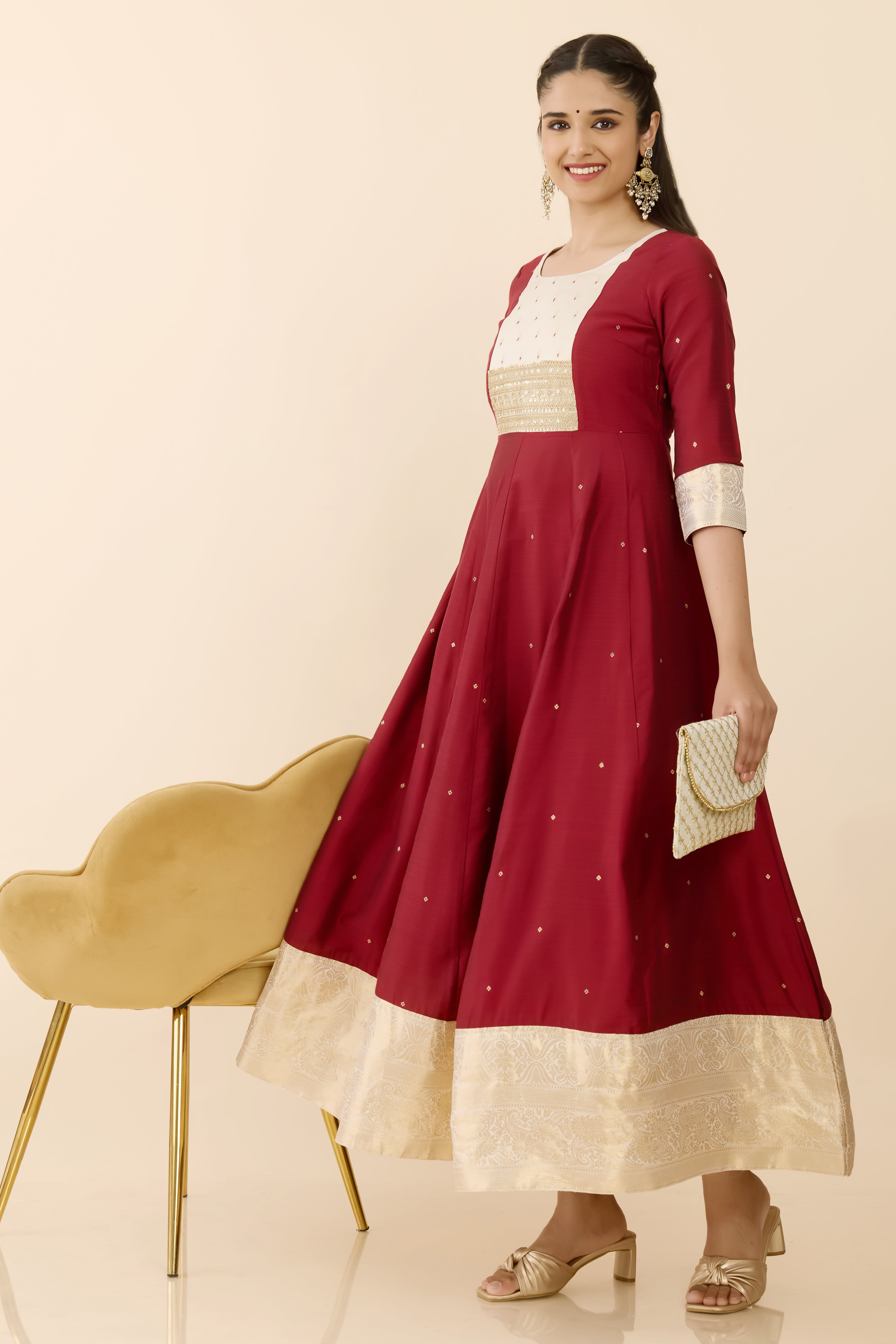 MAROON CHANDHERI ANARKALI WITH YOKE