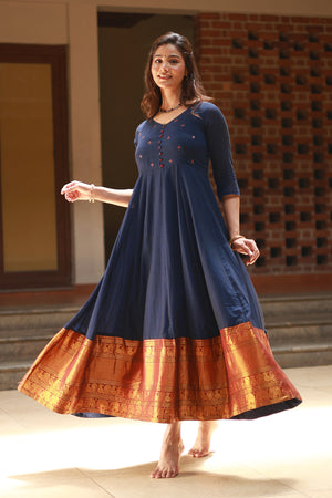 Mangalagiri Anarkali with Foil Mirror Embellished Yoke Blue
