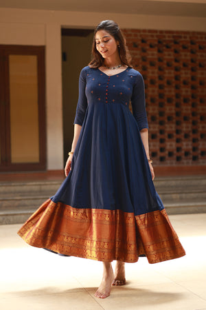 Mangalagiri Anarkali with Foil Mirror Embellished Yoke Blue
