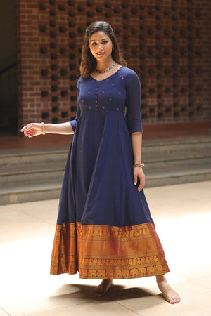 Mangalagiri Anarkali with Foil Mirror Embellished Yoke Blue
