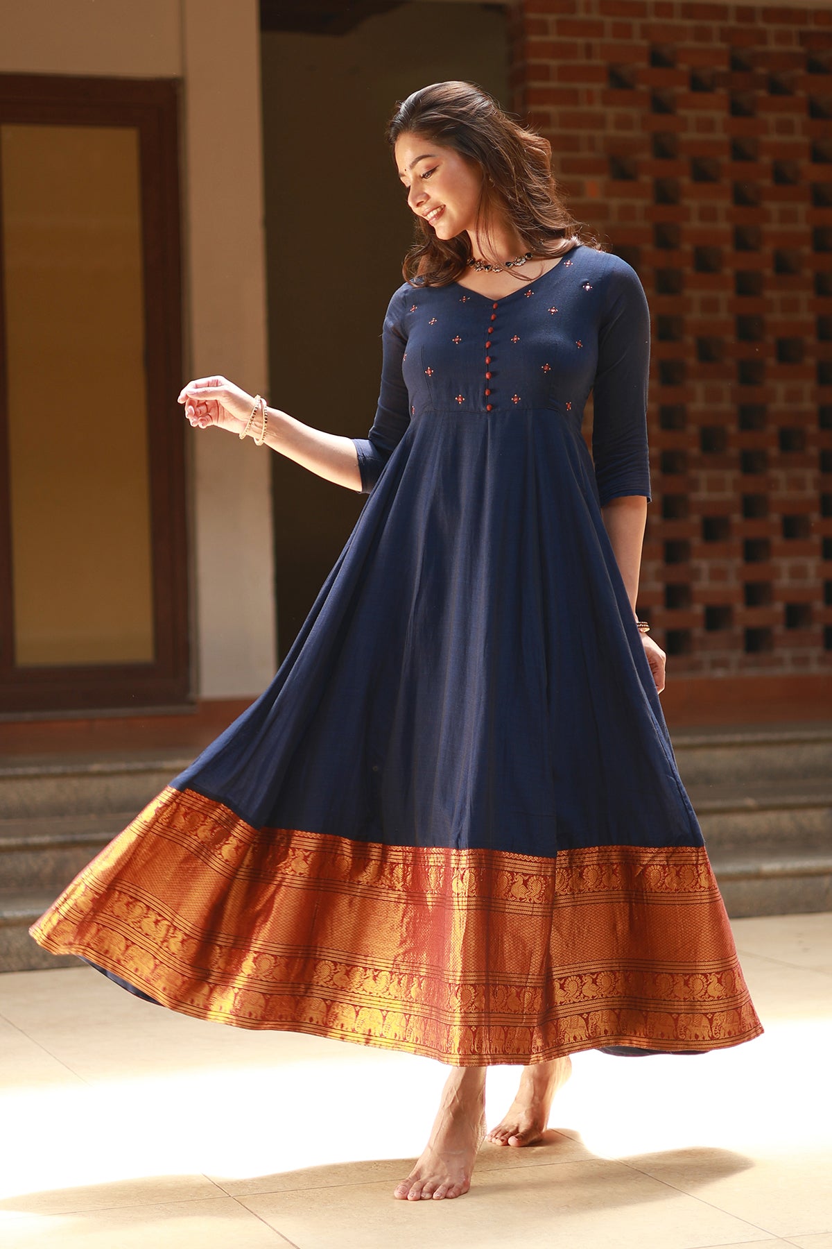 Mangalagiri Anarkali with Foil Mirror Embellished Yoke Blue