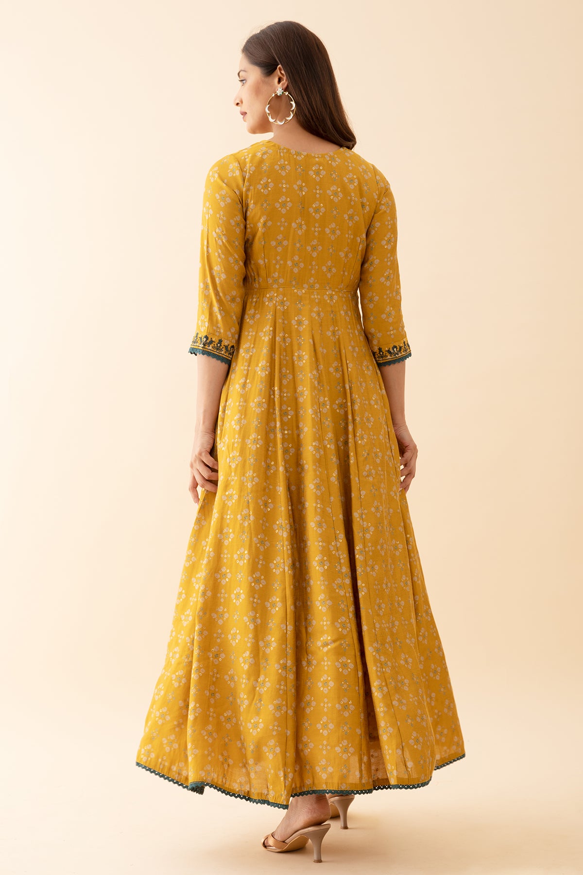 Ditsy Floral Printed Anarkali with Jewel Inspired Neckline Mustard