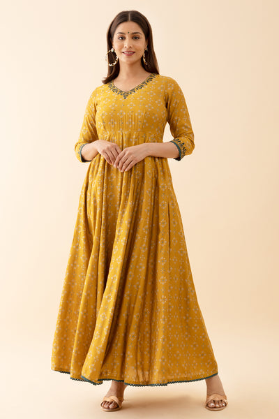 Ditsy Floral Printed Anarkali with Jewel Inspired Neckline Mustard