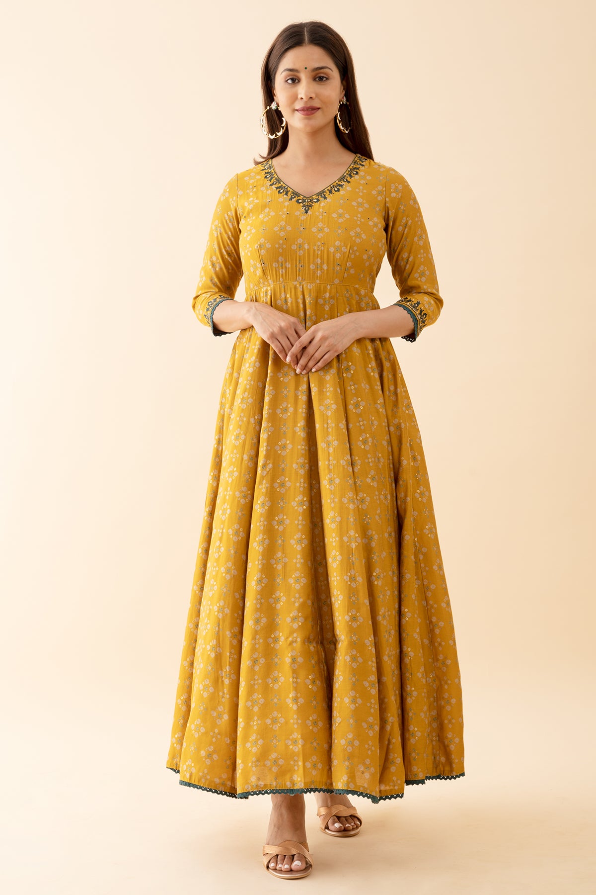 Ditsy Floral Printed Anarkali with Jewel Inspired Neckline - Mustard