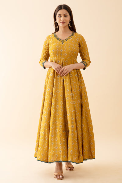 Ditsy Floral Printed Anarkali with Jewel Inspired Neckline Mustard