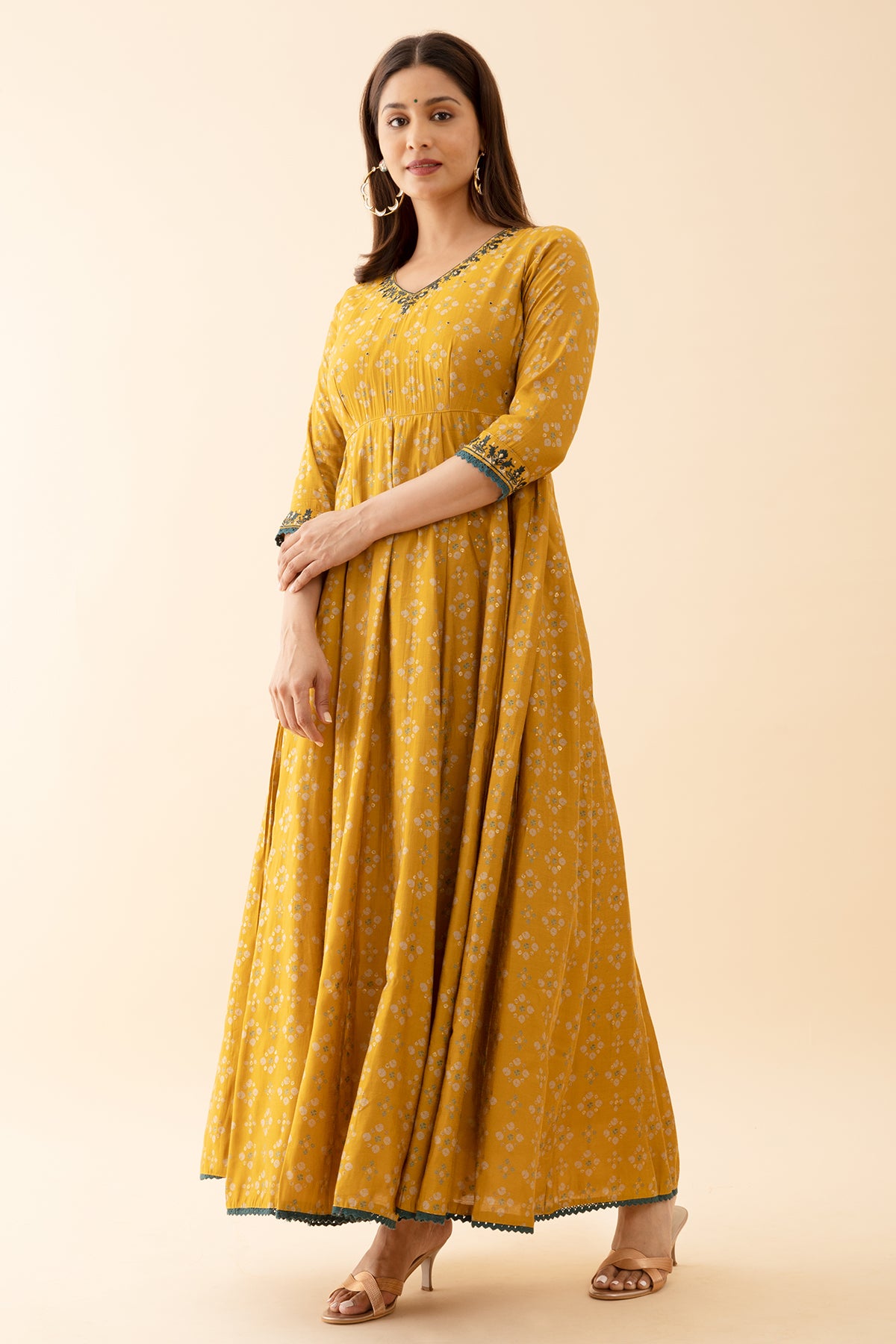 Ditsy Floral Printed Anarkali with Jewel Inspired Neckline - Mustard