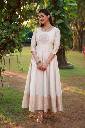 Mandala Embroidered Anarkali with Golden Border Off White
