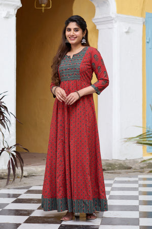 Floral Printed Cotton Anarkali with Foil Mirror Embellishment - Rust
