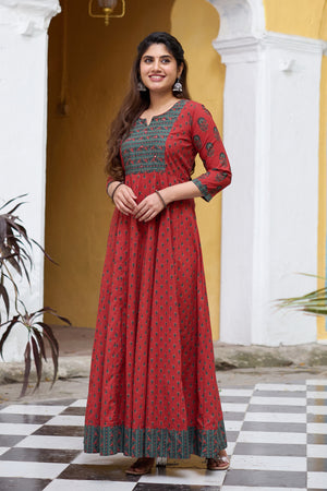 Floral Printed Cotton Anarkali with Foil Mirror Embellishment - Rust
