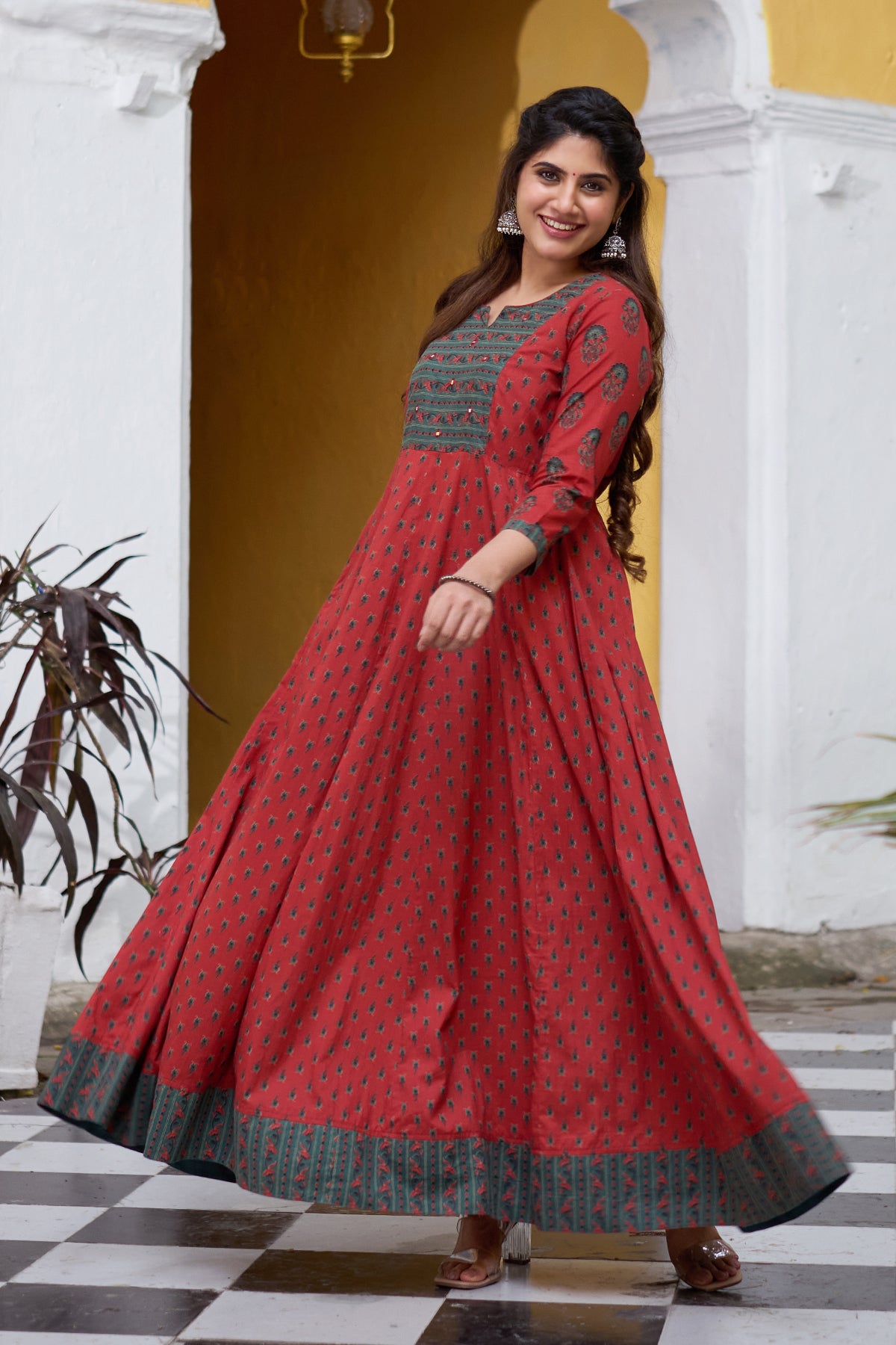 Floral Printed Cotton Anarkali with Foil Mirror Embellishment - Rust