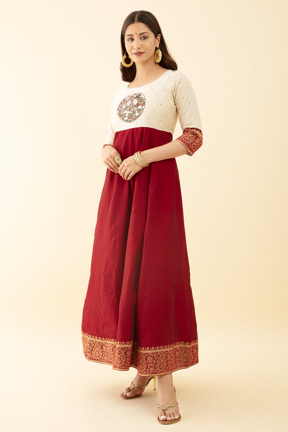 Maroon Anarkali Dress Printed Krishna Mural Embroidery