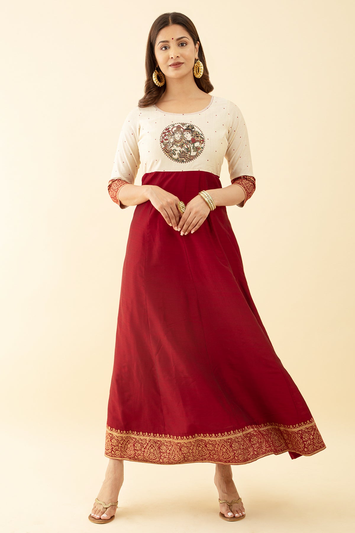 Maroon Anarkali Dress Printed Krishna Mural Embroidery