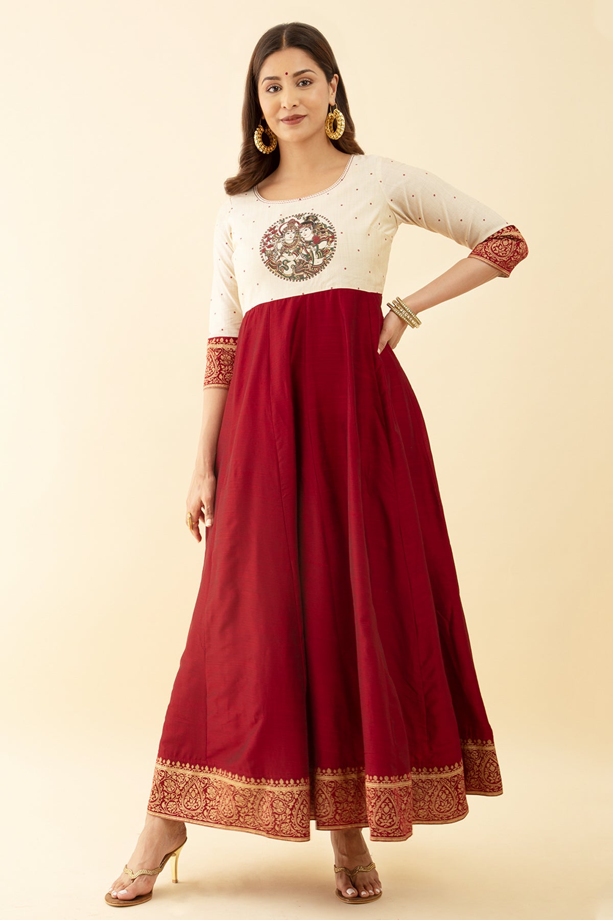 Maroon Anarkali Dress Printed Krishna Mural Embroidery