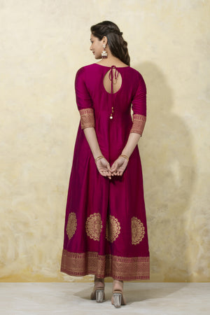 Peacock-Printed Anarkali with Elegant Back Tie-Up - Magenta