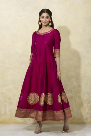 Peacock-Printed Anarkali with Elegant Back Tie-Up - Magenta