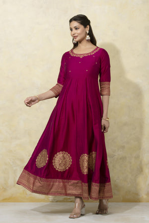 Peacock-Printed Anarkali with Elegant Back Tie-Up - Magenta