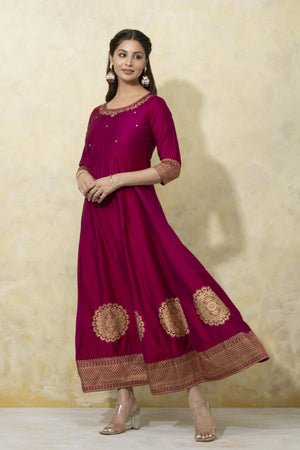 Peacock-Printed Anarkali with Elegant Back Tie-Up - Magenta