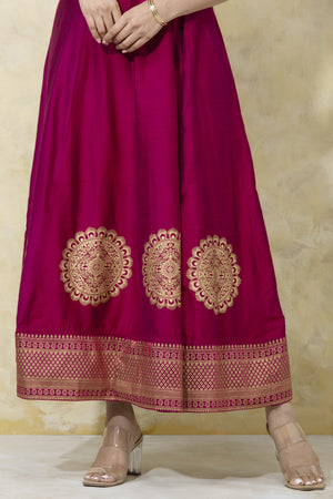 Peacock-Printed Anarkali with Elegant Back Tie-Up - Magenta