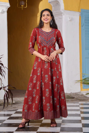 Floral Printed Cotton Anarkali - Rust
