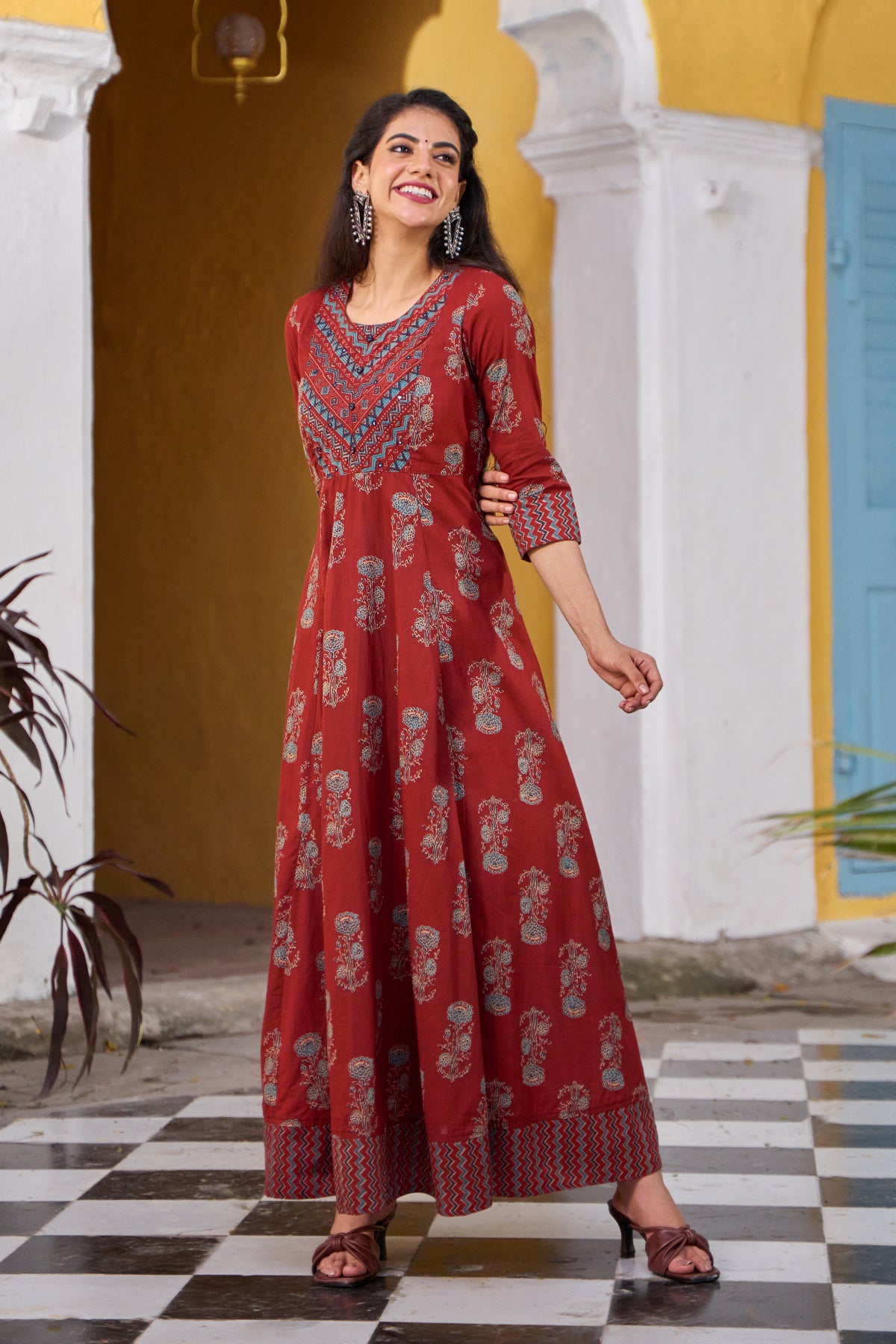 Floral Printed Cotton Anarkali - Rust
