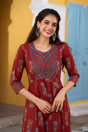 Floral Printed Cotton Anarkali - Rust
