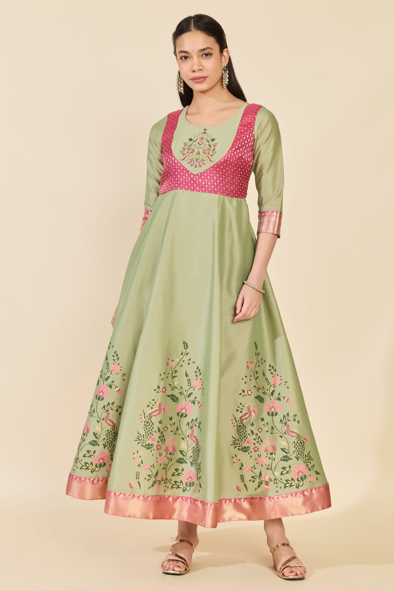 GREEN ANARKALI WITH PINK FLORALS