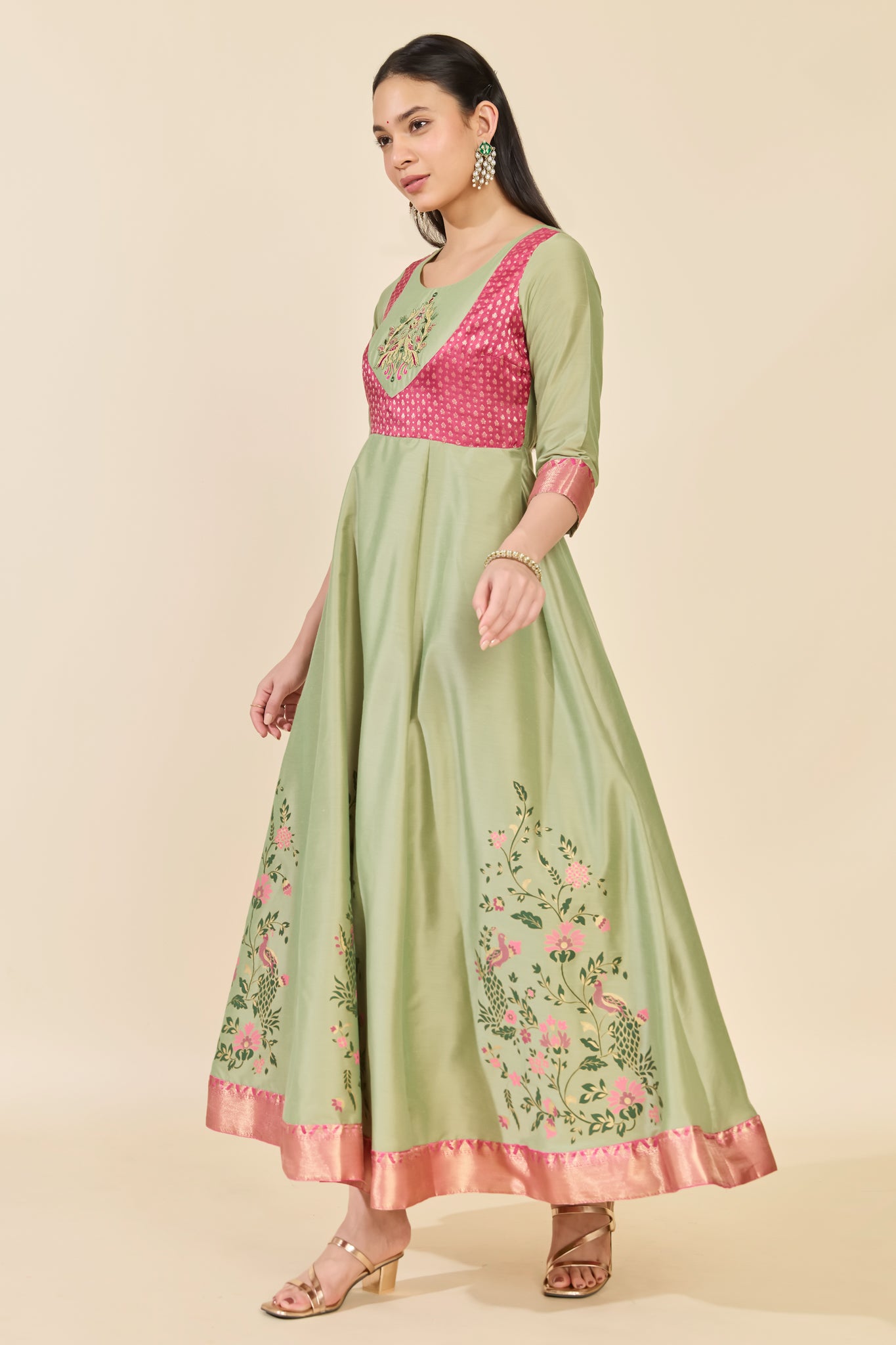 GREEN ANARKALI WITH PINK FLORALS