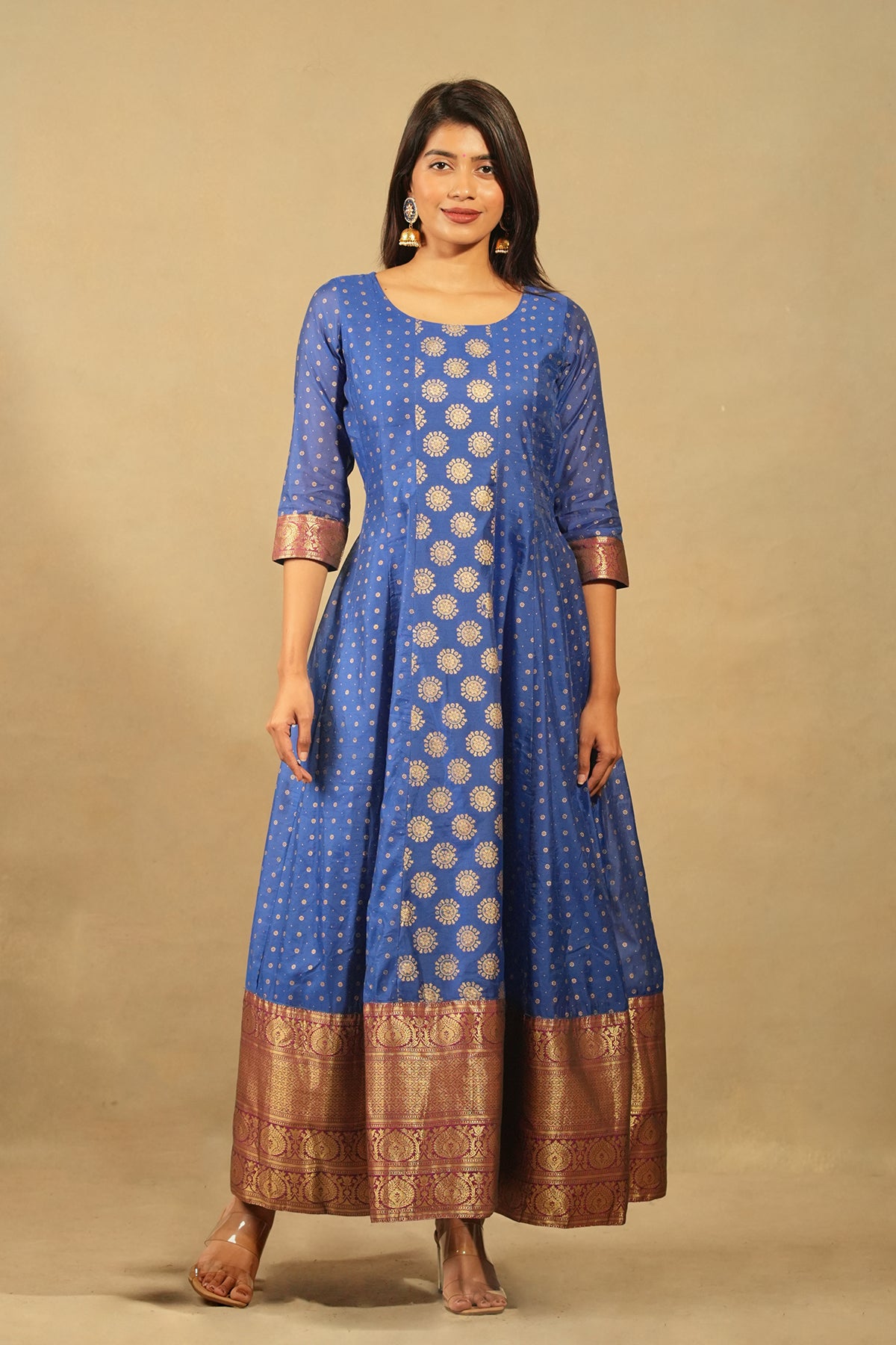 Brocade Inspired All Over Print With Silk Border Anarkali Blue
