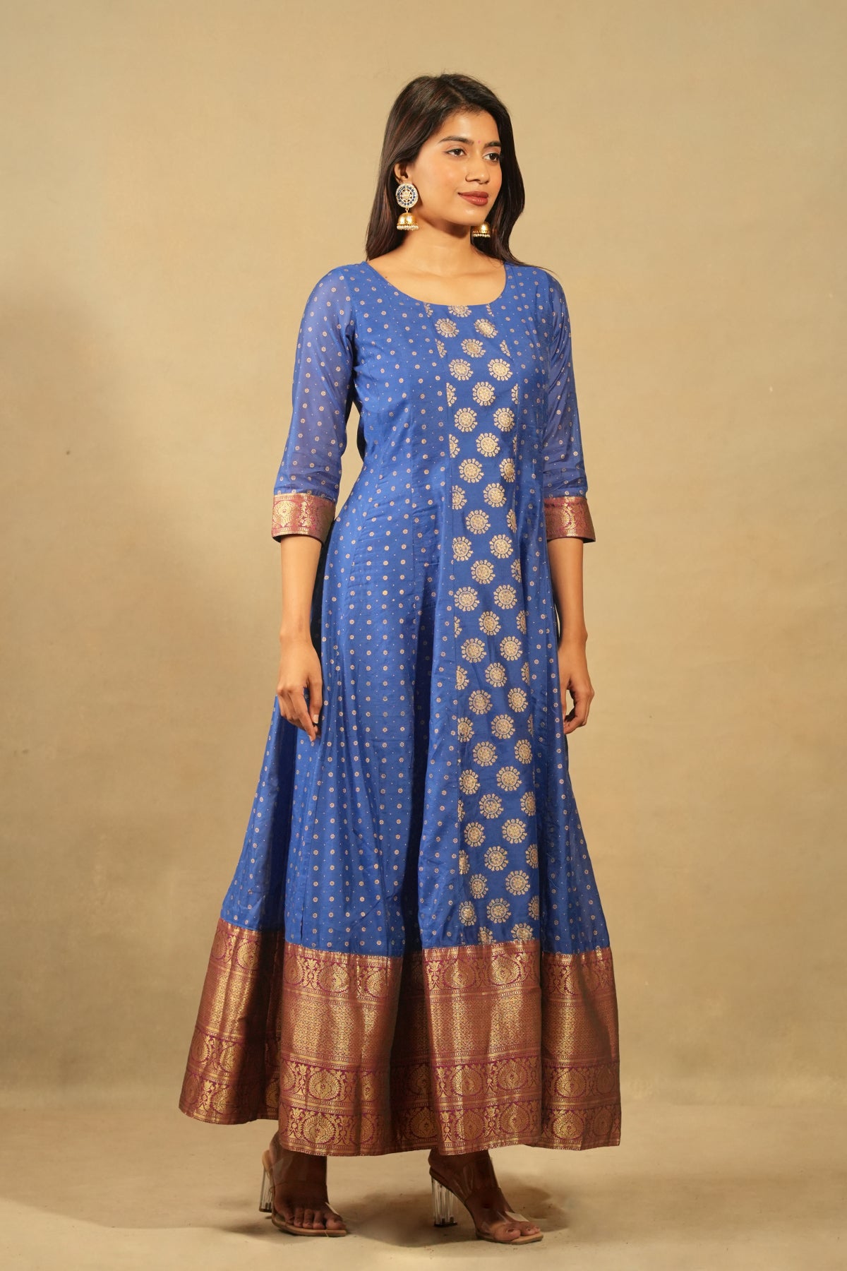 Brocade Inspired All Over Print With Silk Border Anarkali Blue
