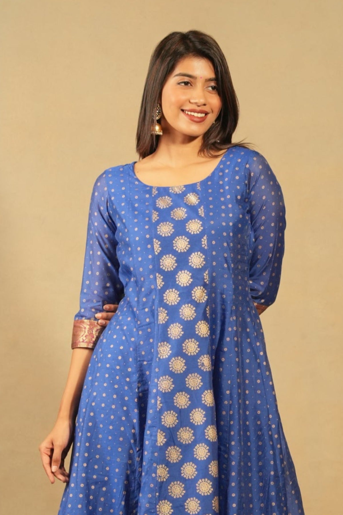 Brocade Inspired All Over Print With Silk Border Anarkali Blue
