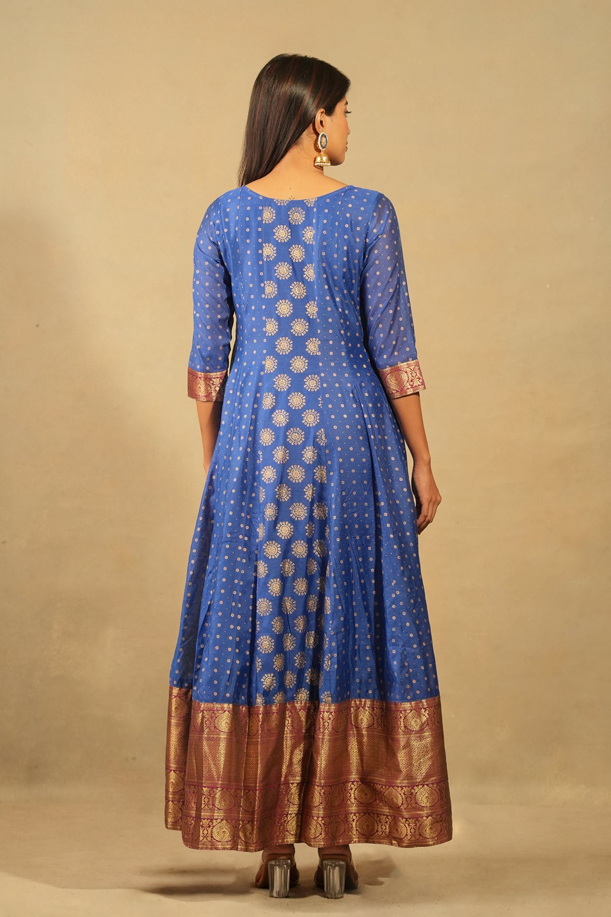 Brocade Inspired All Over Print With Silk Border Anarkali Blue
